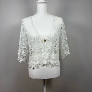White Crochet Cardigan Boho Coastal Cotton Open Knit Petite L Fits M